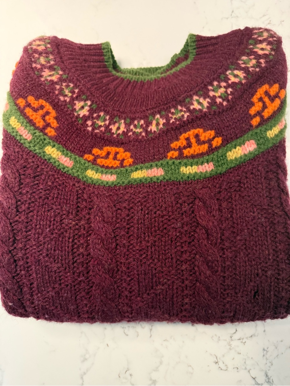 Women's Cable Knit Benetton Fair Isle Sweater - Plum with Green & Orange Accents